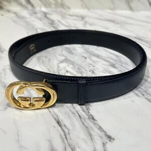 Gucci Navy Blue Leather Belt Gold Belt Buckle